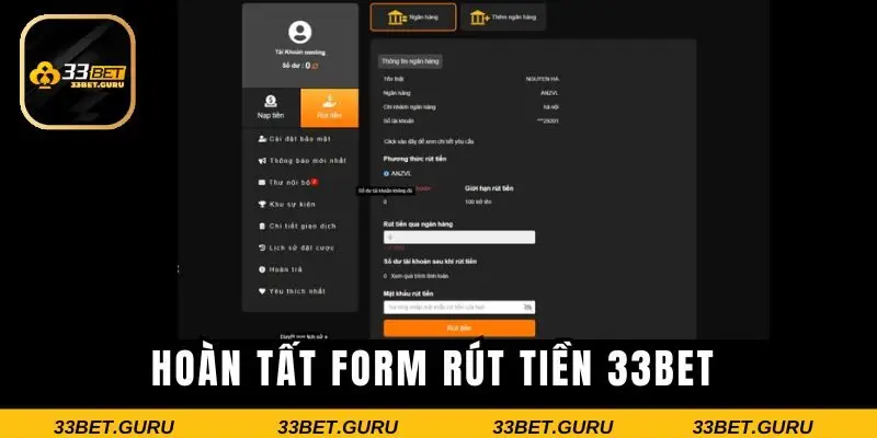 Hoàn tất form rút tiền 33BET